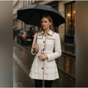 GUESS White & Beige Raincoat Trench Coat Belt Snaps M